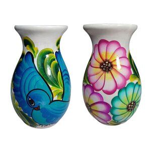 Mexican Folk Art Pottery Talavera Peacock Daisy Flowers Floral Hand Painted Vase